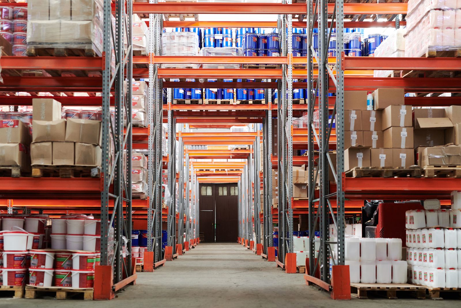 Organized warehouse aisle of facilities and general-supply goods